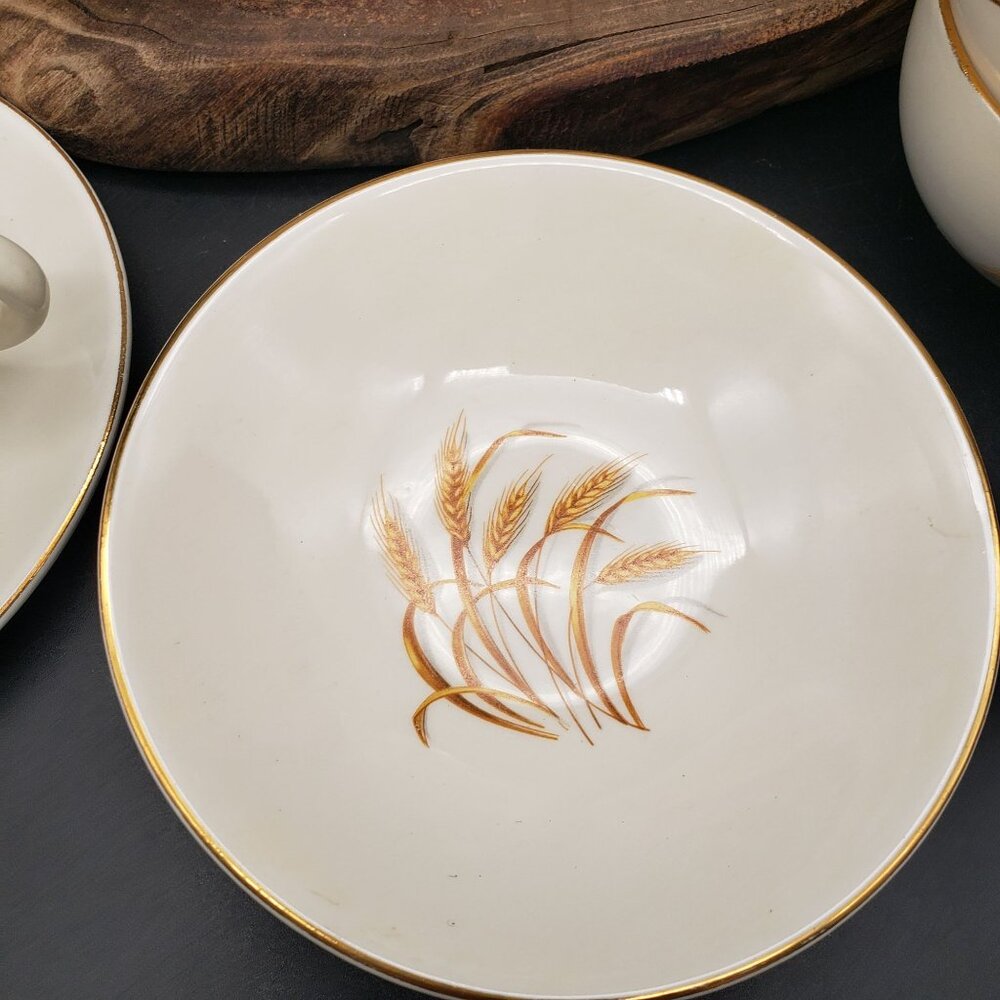Golden Wheat 22K Gold Oven Proof Cup & Saucer Set 6 + Berry Bowl Made USA - Picture 3 of 12